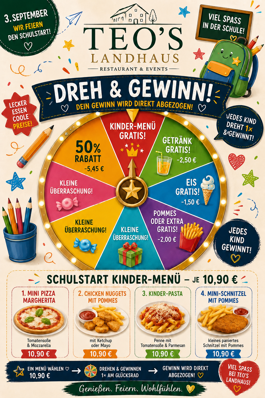 Dreh und Gewinn: Schuleinführungs-Aktion für Kinder am 3. September bei Teo's Landhaus